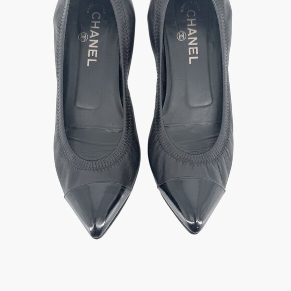Chanel Cap Toe CC Ballet Flat Size 39 US 8-8.5 Black Pointed Toe Elastic Leather - Picture 3 of 15